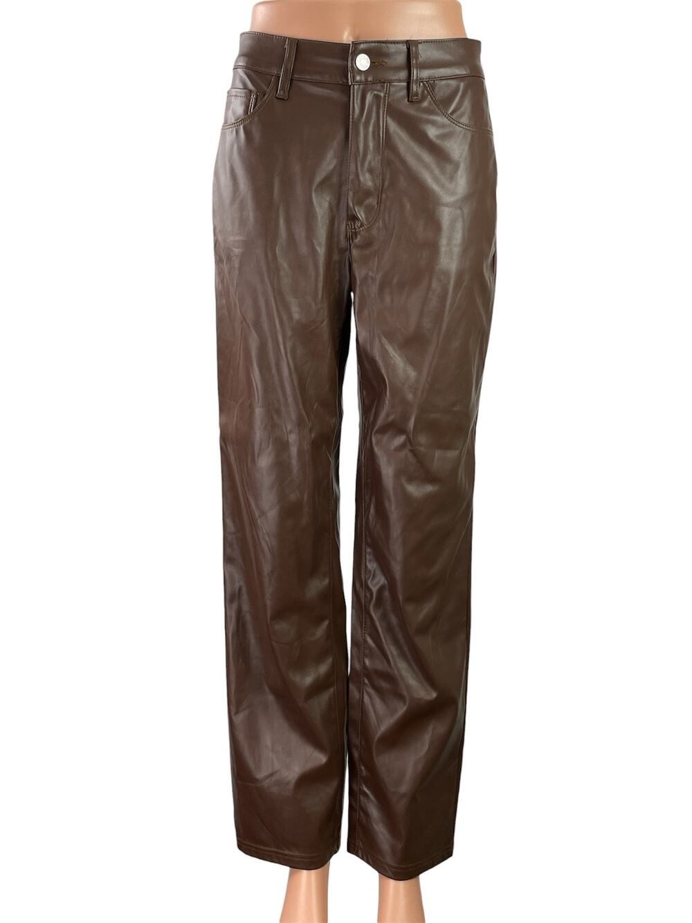Myoursa Womens Brown Faux Leather Vegan High Rise Wide Leg Trousers Pants Size S